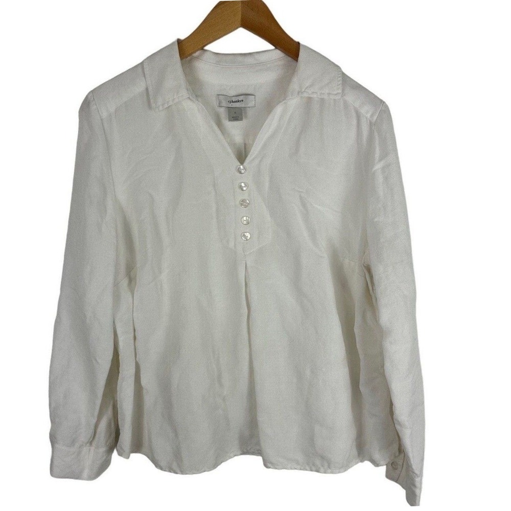 CJ Banks Linen Rayon Top Womens 14‎ White Long Sleeve Button Roll Tab Pullover